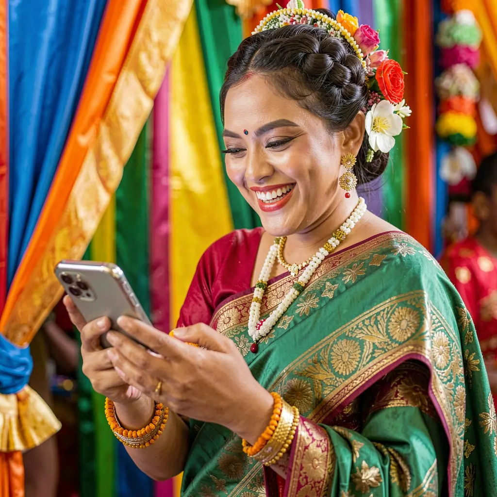 Confident Filipino woman using the BXBET mobile casino app on her smartphone with colorful city lights creating a modern gaming mood