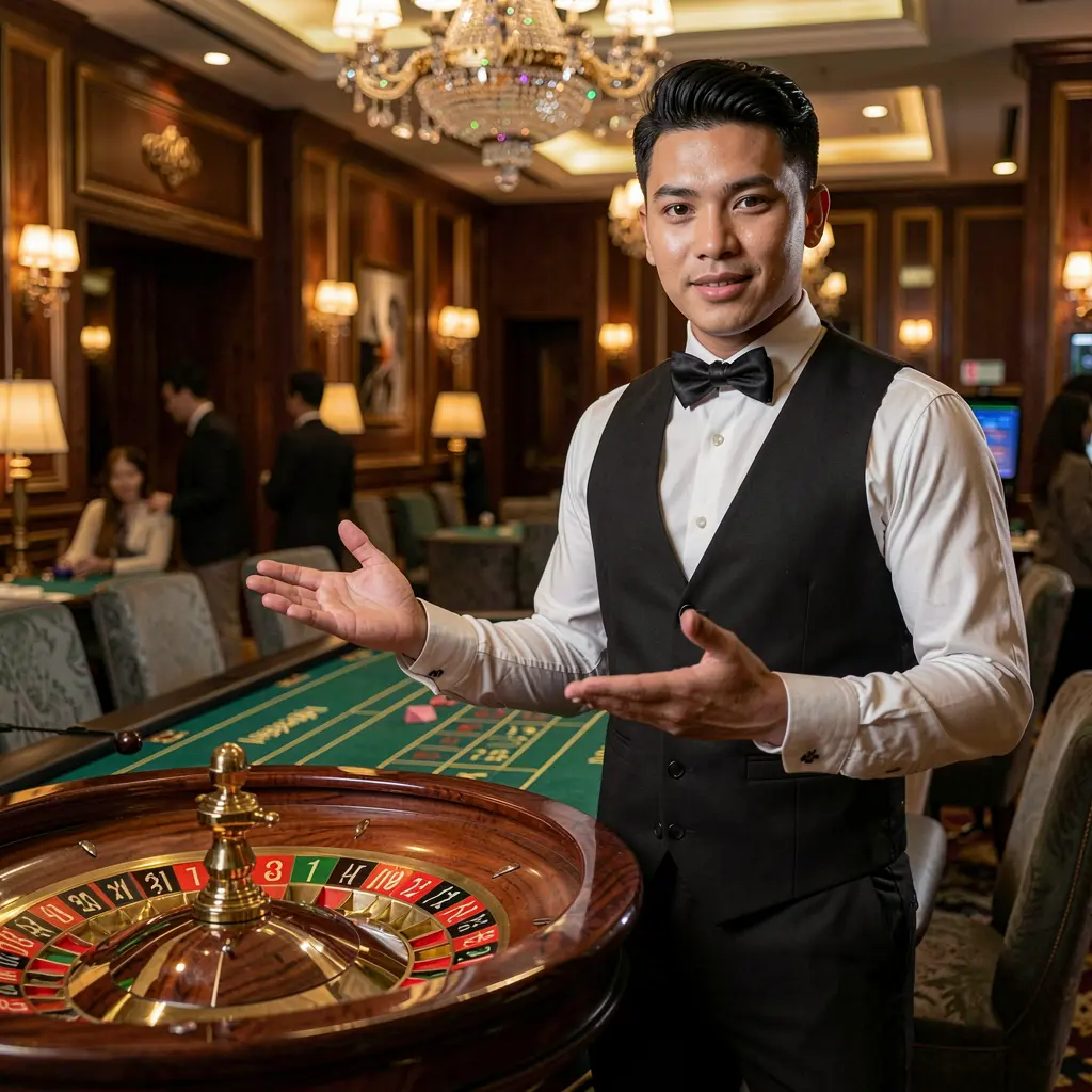Professional casino dealer at a roulette table with a welcoming gesture inside a luxurious gaming hall at BXBET showcasing live casino entertainment for players in the Philippines
