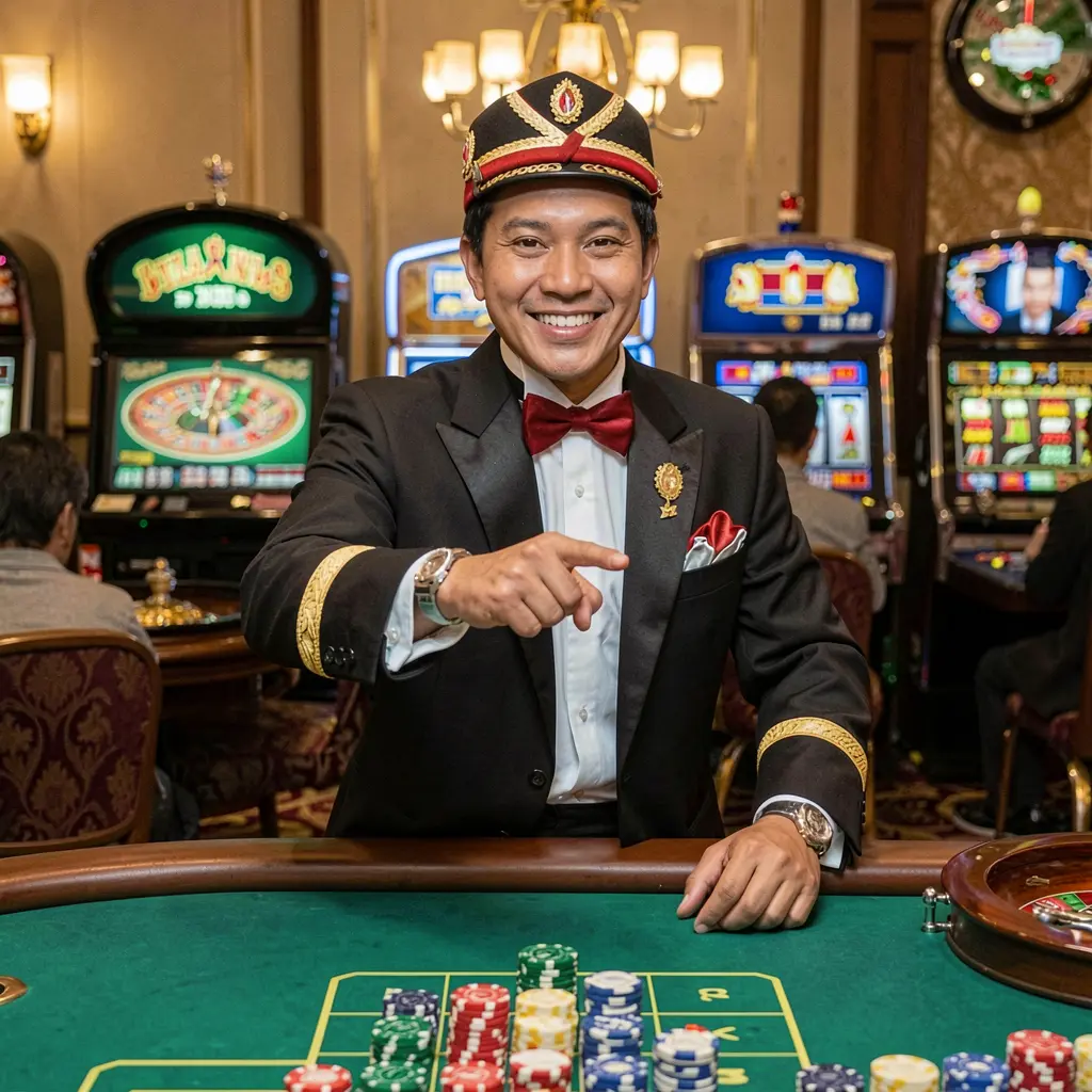 Professional Filipino casino dealer smiling and pointing forward with roulette wheels and slot machines behind him representing trusted BXBET login access